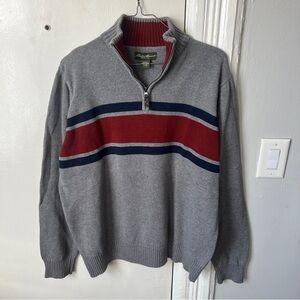 Gray Sweater with Red and Blue Stripes